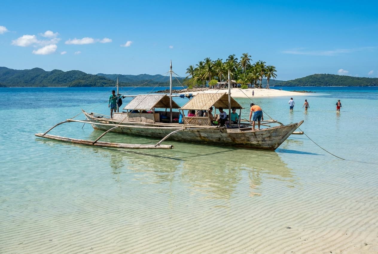 A traditional outrigger banca boat on turquoise water by a palm islet, island hopping near Siargao
