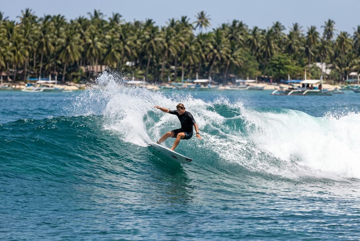 A surfer carving a turquoise wave at Cloud 9, a short ride from Villa Cali Siargao